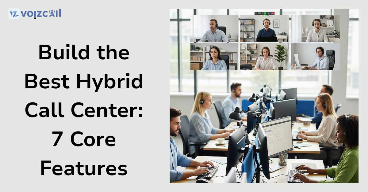 Hybrid call center setup with remote and in-office agents collaborating via cloud tools